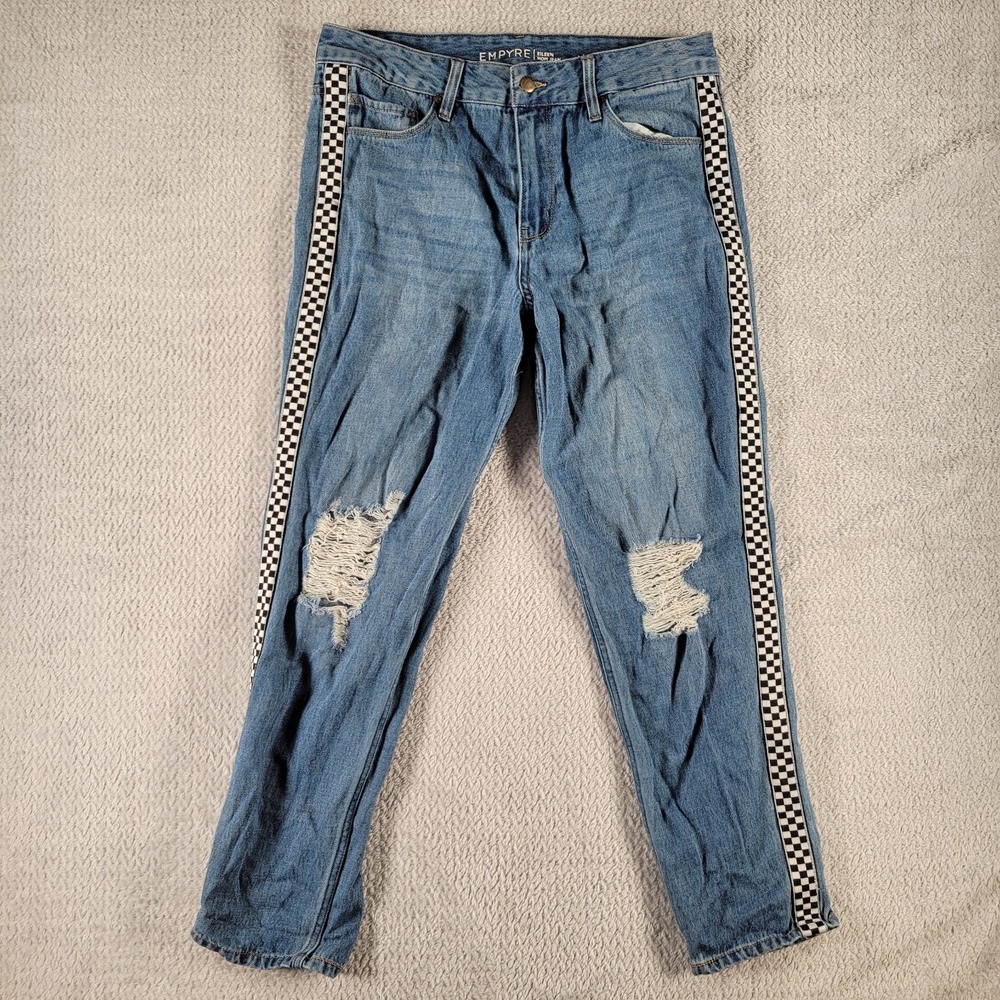 EMPYRE Eileen Mom Jean distressed blue jeans w/ checkerboard side size 9